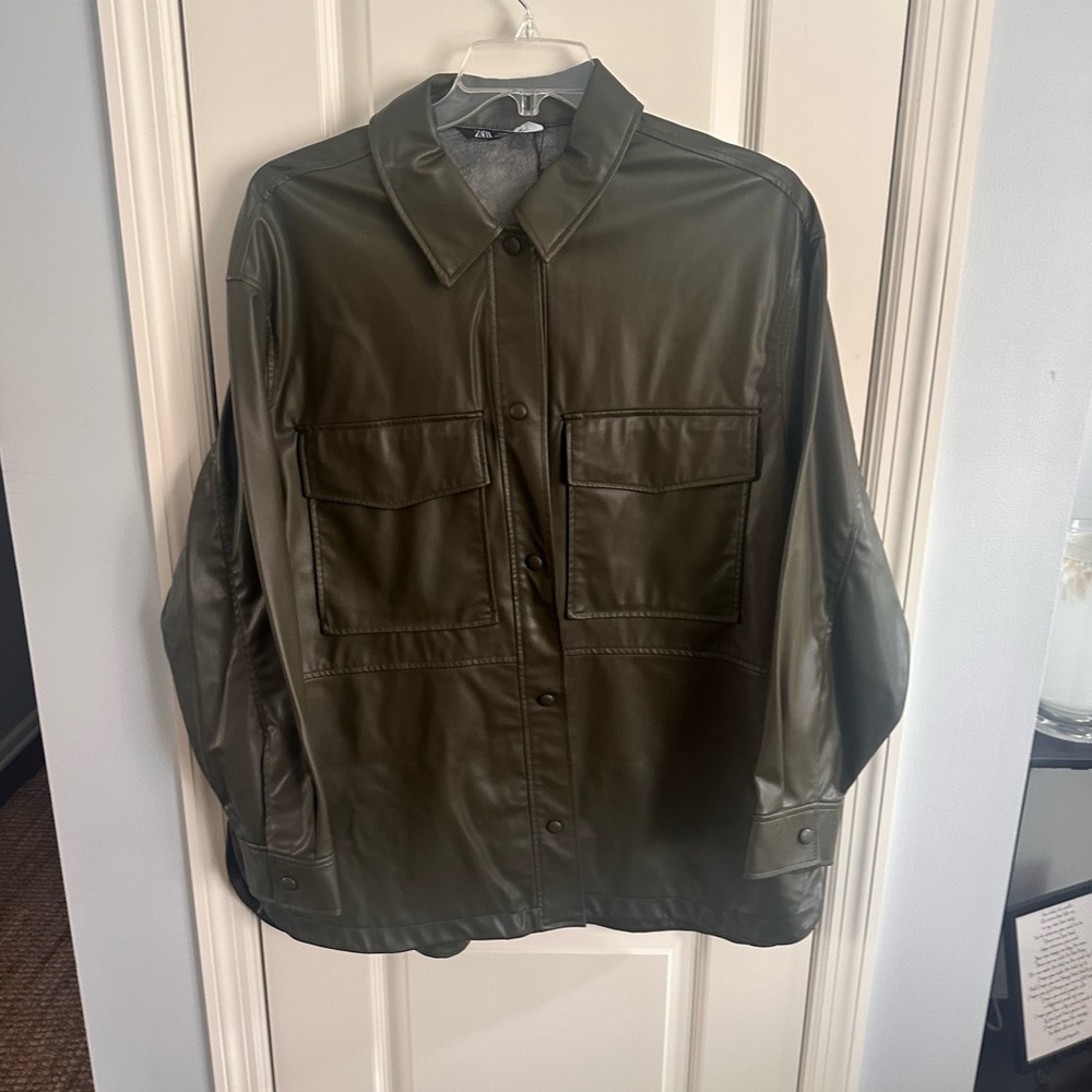 ZaraOlive Green Faux Leather Shirt Jacket